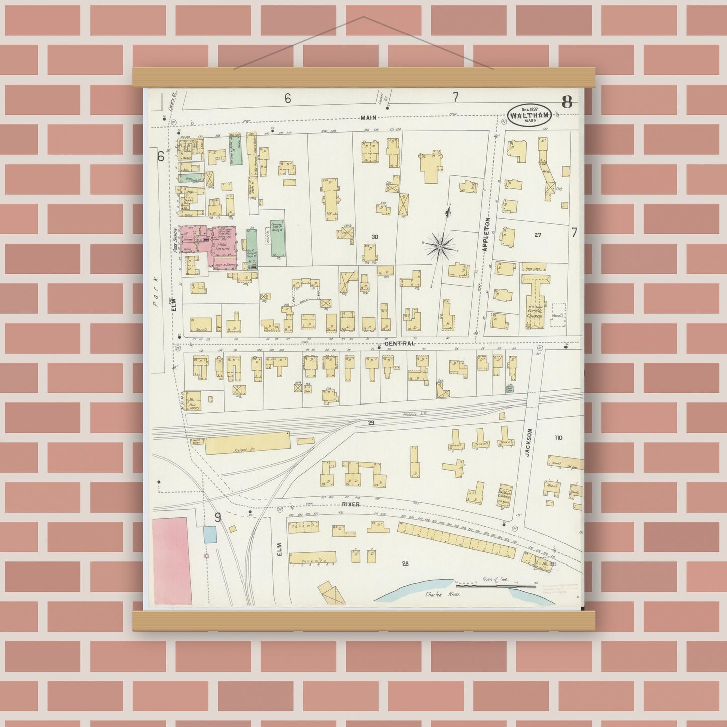 Old map wall art mockup — magnetic wood frame on brick wall — Sanborn Fire Insurance Map from Waltham, Middlesex County, Massachusetts (1897), Sheet #0008