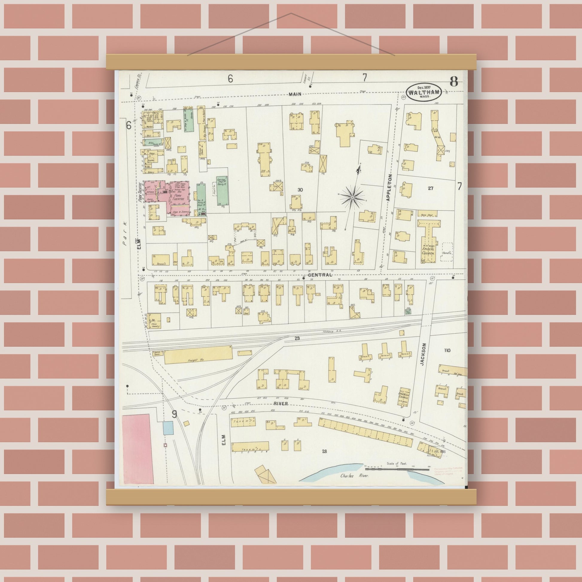Old map wall art mockup — magnetic wood frame on brick wall — Sanborn Fire Insurance Map from Waltham, Middlesex County, Massachusetts (1897), Sheet #0008