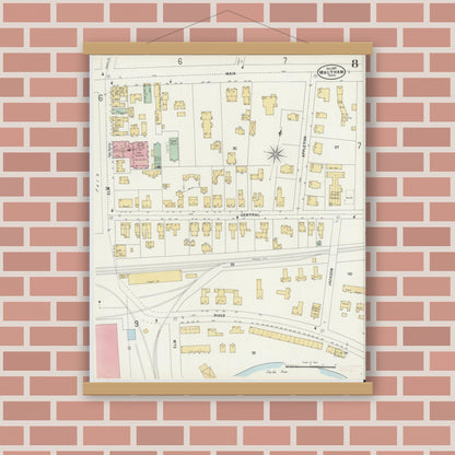 Old map wall art mockup — magnetic wood frame on brick wall — Sanborn Fire Insurance Map from Waltham, Middlesex County, Massachusetts (1897), Sheet #0008