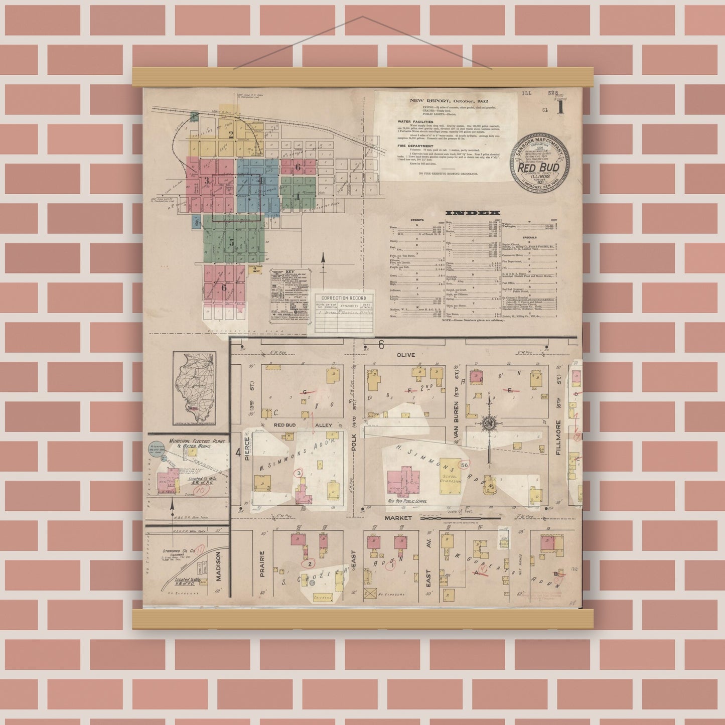 Old map wall art mockup — magnetic wood frame on brick wall — Sanborn Fire Insurance Map from Red Bud, Randolph County, Illinois (1932) - Complete Map Set