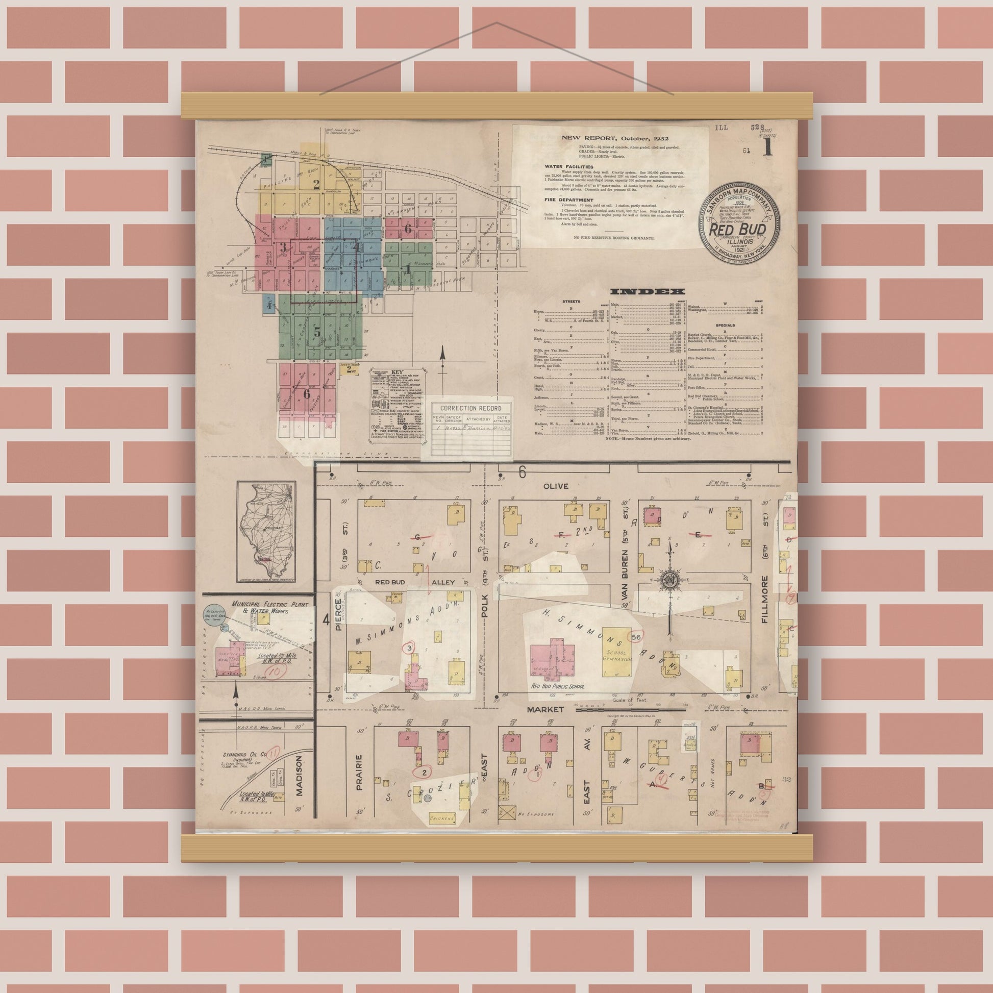 Old map wall art mockup — magnetic wood frame on brick wall — Sanborn Fire Insurance Map from Red Bud, Randolph County, Illinois (1932) - Complete Map Set