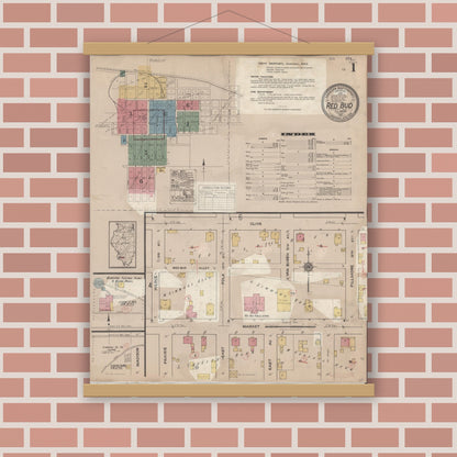 Old map wall art mockup — magnetic wood frame on brick wall — Sanborn Fire Insurance Map from Red Bud, Randolph County, Illinois (1932) - Complete Map Set