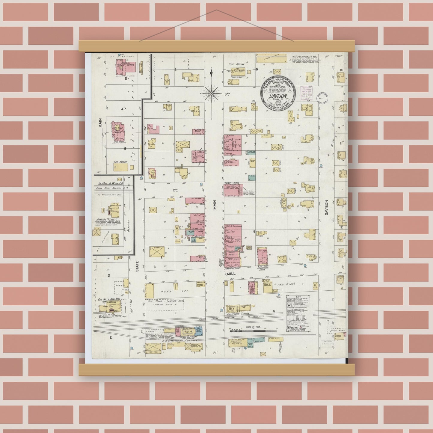 Old map wall art mockup — magnetic wood frame on brick wall — Sanborn Fire Insurance Map from Davison, Genesee County, Michigan (1902), Sheet #0001