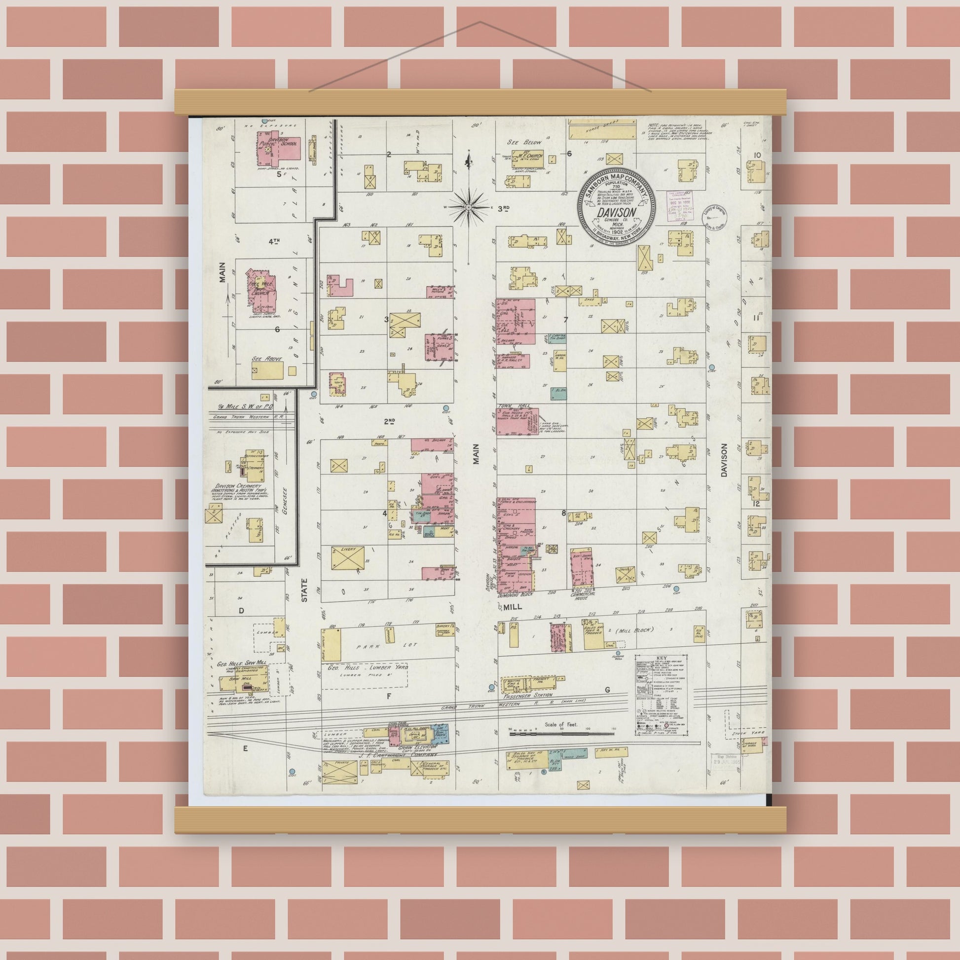 Old map wall art mockup — magnetic wood frame on brick wall — Sanborn Fire Insurance Map from Davison, Genesee County, Michigan (1902), Sheet #0001