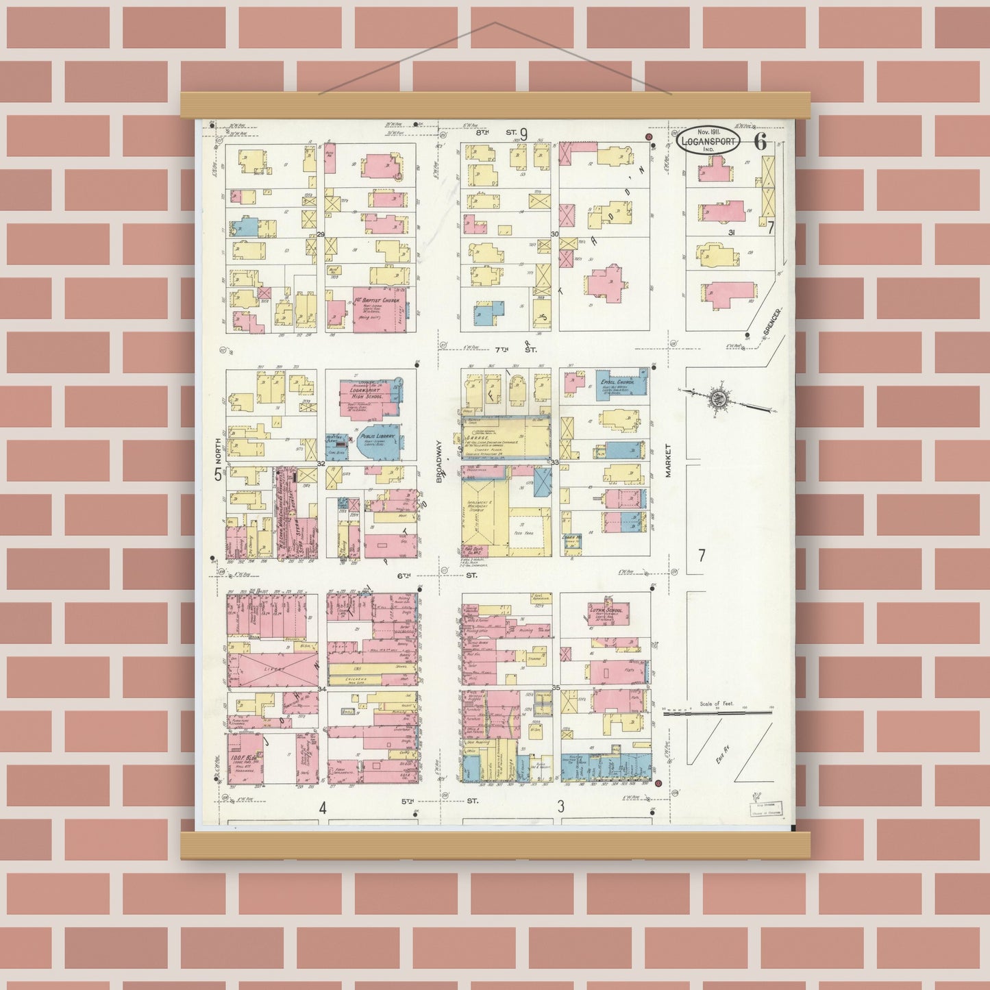 Old map wall art mockup — magnetic wood frame on brick wall — Sanborn Fire Insurance Map from Logansport, Cass County, Indiana (1911), Sheet #0006