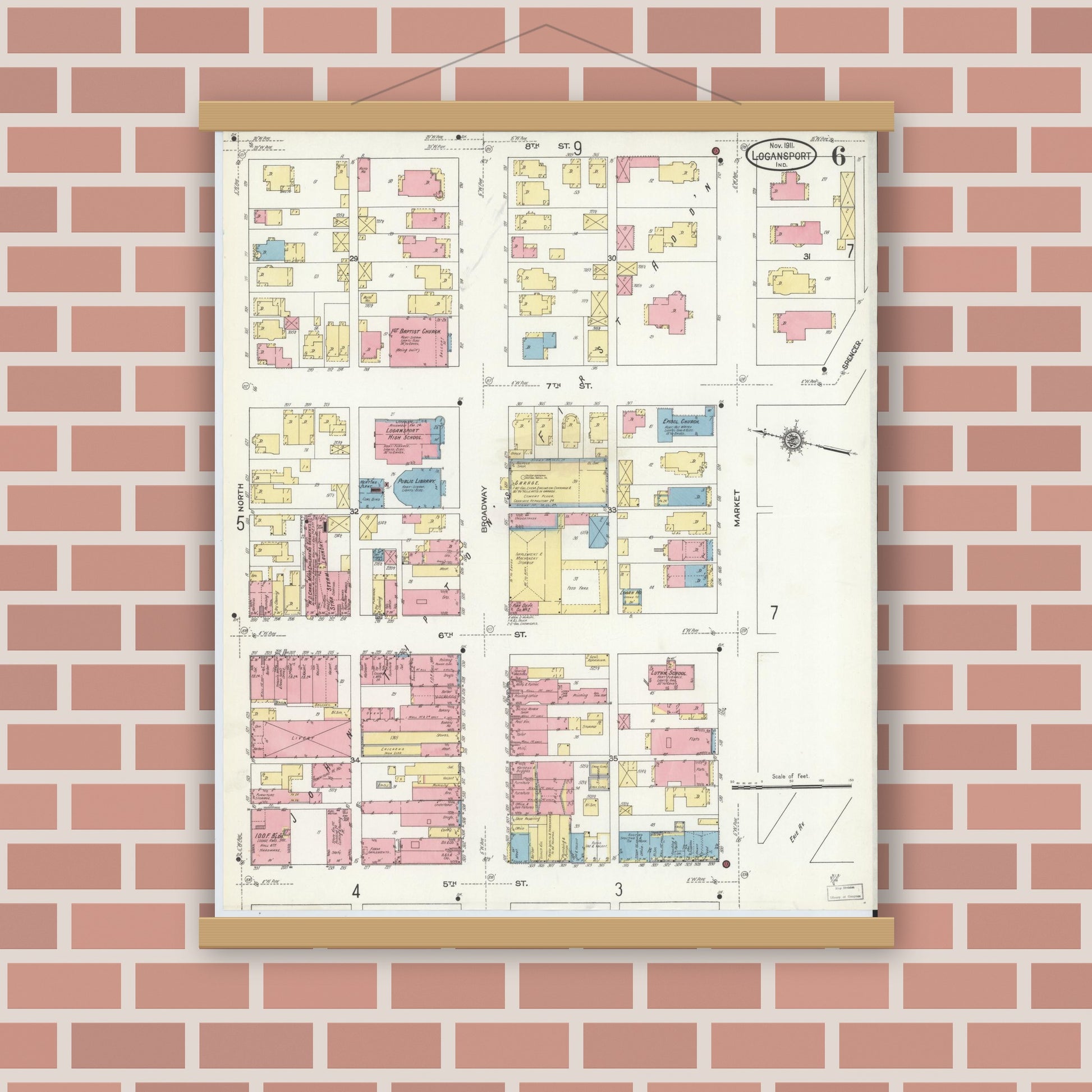 Old map wall art mockup — magnetic wood frame on brick wall — Sanborn Fire Insurance Map from Logansport, Cass County, Indiana (1911), Sheet #0006