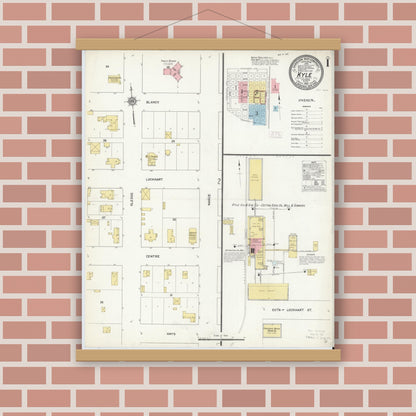 Old map wall art mockup — magnetic wood frame on brick wall — Sanborn Fire Insurance Map from Kyle, Hays County, Texas (1912), Sheet #0001