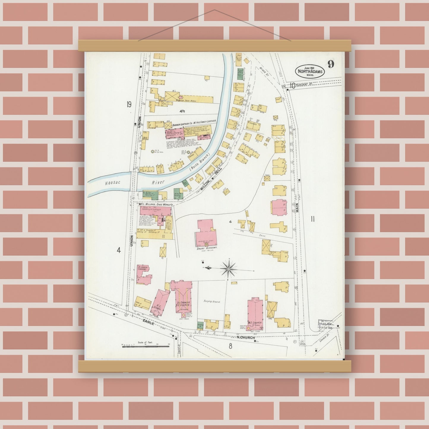 Old map wall art mockup — magnetic wood frame on brick wall — Sanborn Fire Insurance Map from North Adams, Berkshire County, Massachusetts (1901), Sheet #0009