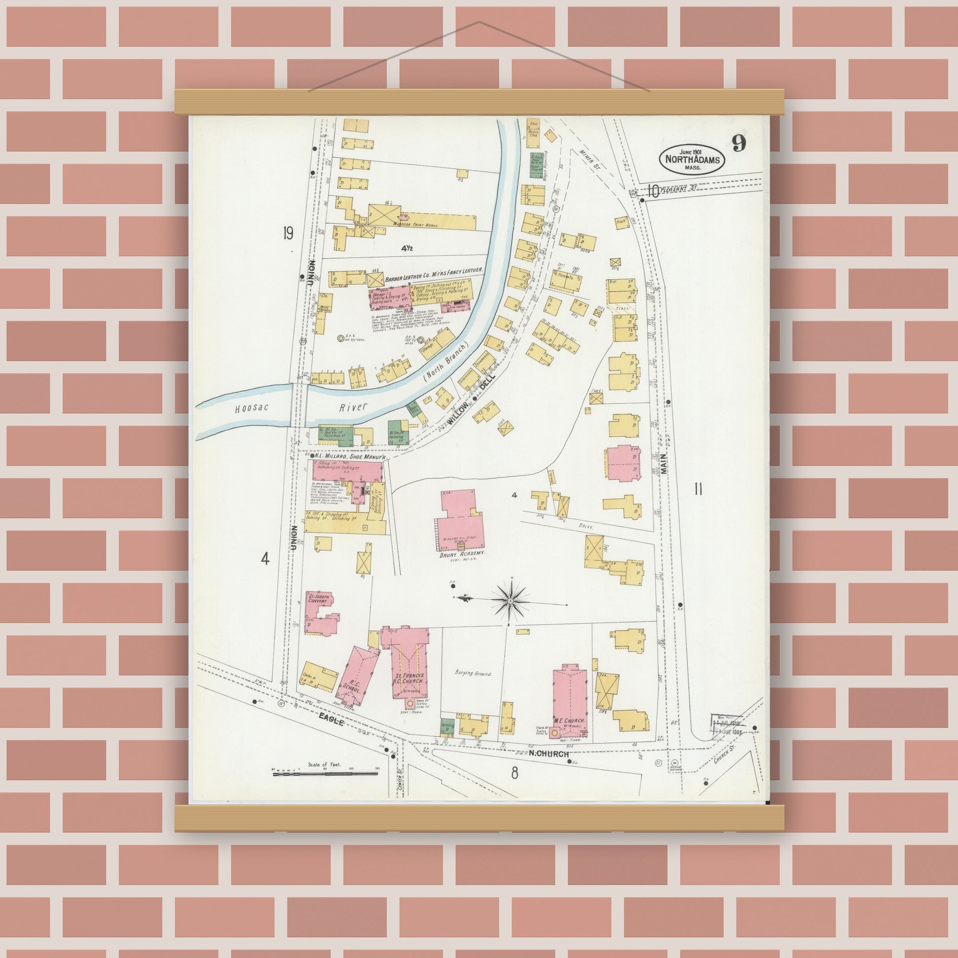 Old map wall art mockup — magnetic wood frame on brick wall — Sanborn Fire Insurance Map from North Adams, Berkshire County, Massachusetts (1901), Sheet #0009