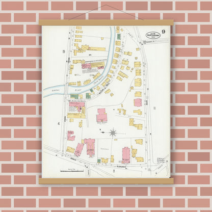 Old map wall art mockup — magnetic wood frame on brick wall — Sanborn Fire Insurance Map from North Adams, Berkshire County, Massachusetts (1901), Sheet #0009