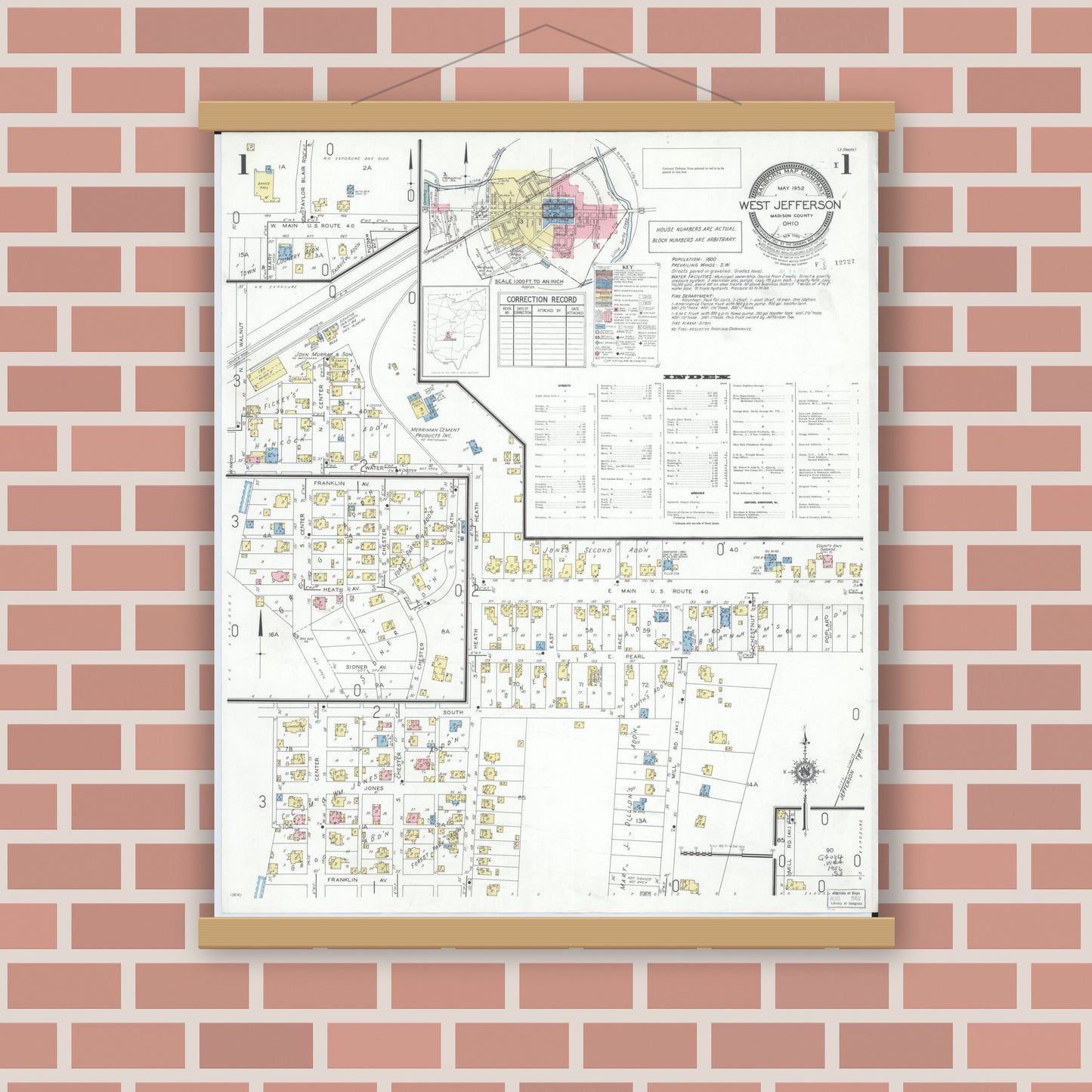 Old map wall art mockup — magnetic wood frame on brick wall — Sanborn Fire Insurance Map from West Jefferson, Madison County, Ohio (1952) - Complete Map Set