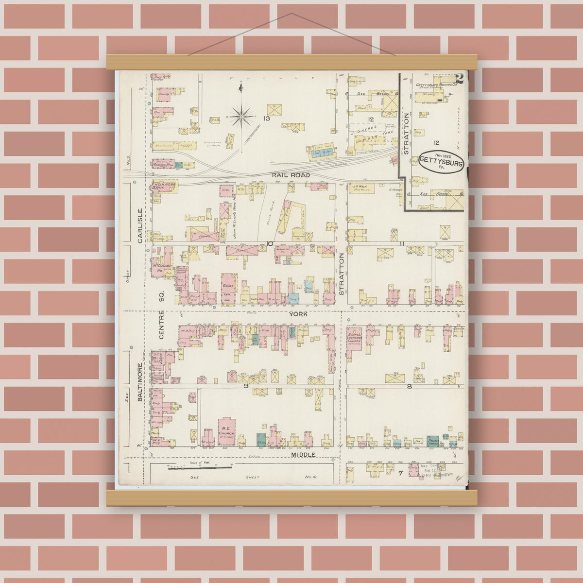 Old map wall art mockup — magnetic wood frame on brick wall — Sanborn Fire Insurance Map from Gettysburg, Adams County, Pennsylvania (1886), Sheet #0002