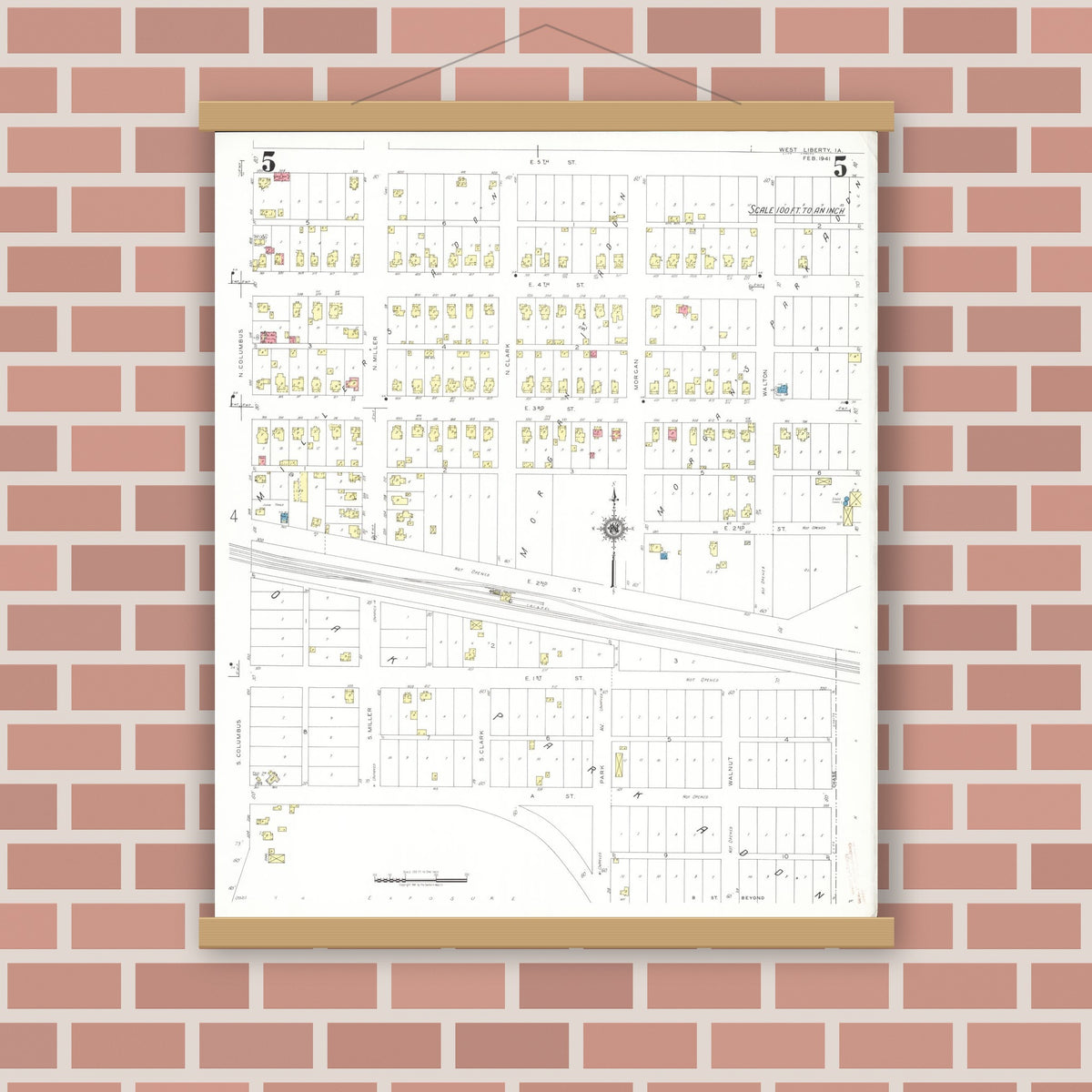 Old map wall art mockup — magnetic wood frame on brick wall — Sanborn Fire Insurance Map from West Liberty, Muscatine County, Iowa (1941), Sheet #0005
