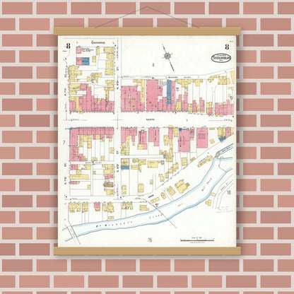 Old map wall art mockup — magnetic wood frame on brick wall — Sanborn Fire Insurance Map from Stroudsburg, Monroe County, Pennsylvania (1923), Sheet #0008