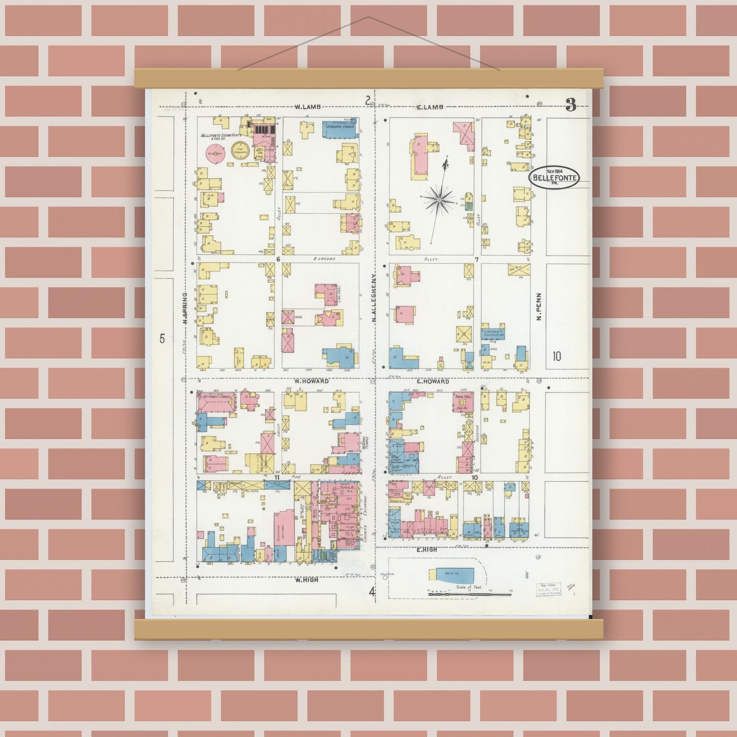 Old map wall art mockup — magnetic wood frame on brick wall — Sanborn Fire Insurance Map from Bellefonte, Centre County, Pennsylvania (1904), Sheet #0003