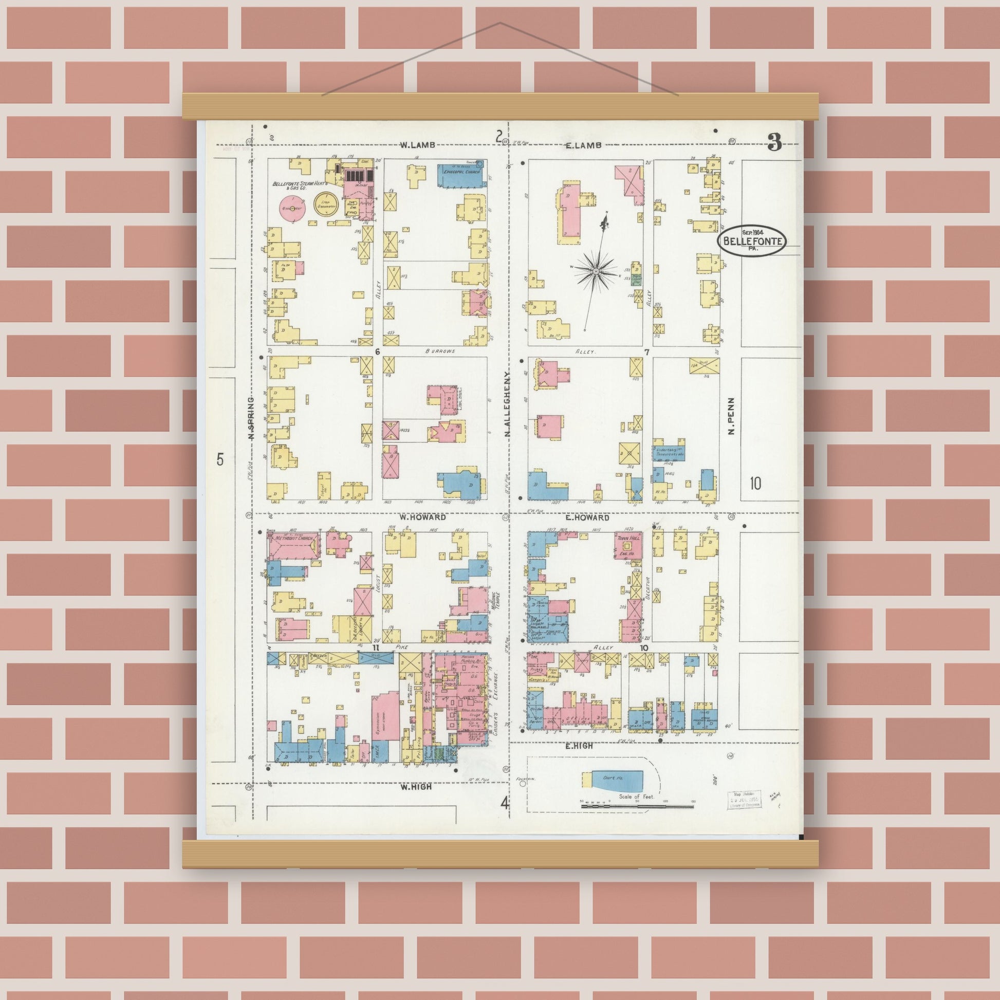 Old map wall art mockup — magnetic wood frame on brick wall — Sanborn Fire Insurance Map from Bellefonte, Centre County, Pennsylvania (1904), Sheet #0003