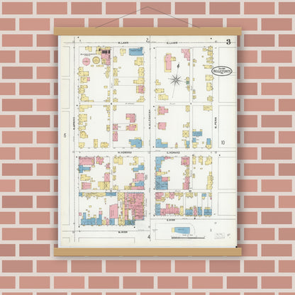 Old map wall art mockup — magnetic wood frame on brick wall — Sanborn Fire Insurance Map from Bellefonte, Centre County, Pennsylvania (1904), Sheet #0003