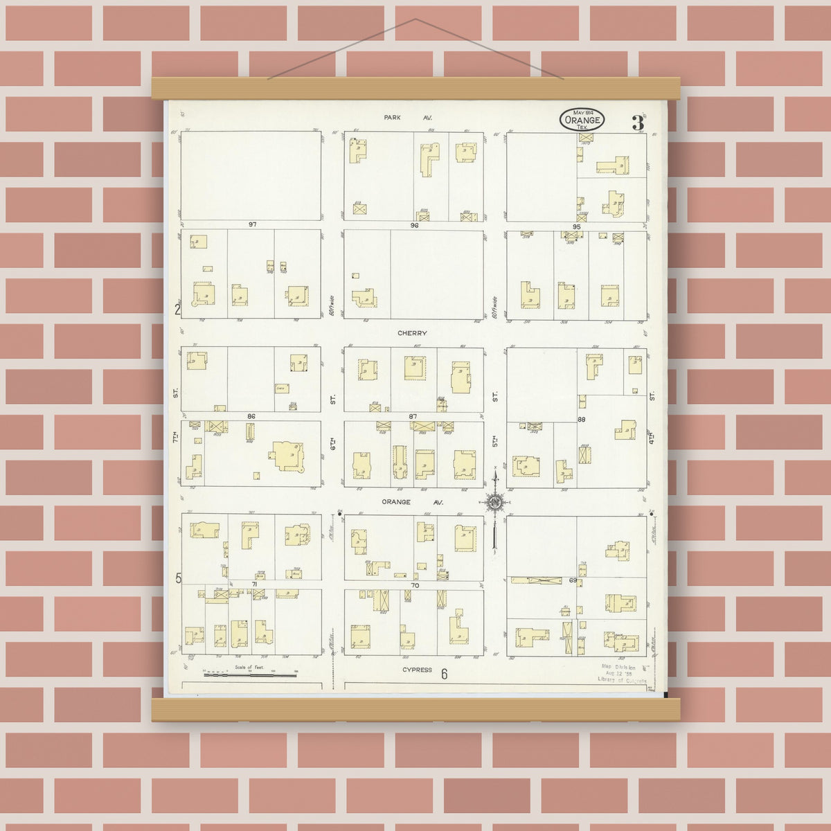 Old map wall art mockup — magnetic wood frame on brick wall — Sanborn Fire Insurance Map from Orange, Orange County, Texas (1914), Sheet #0003