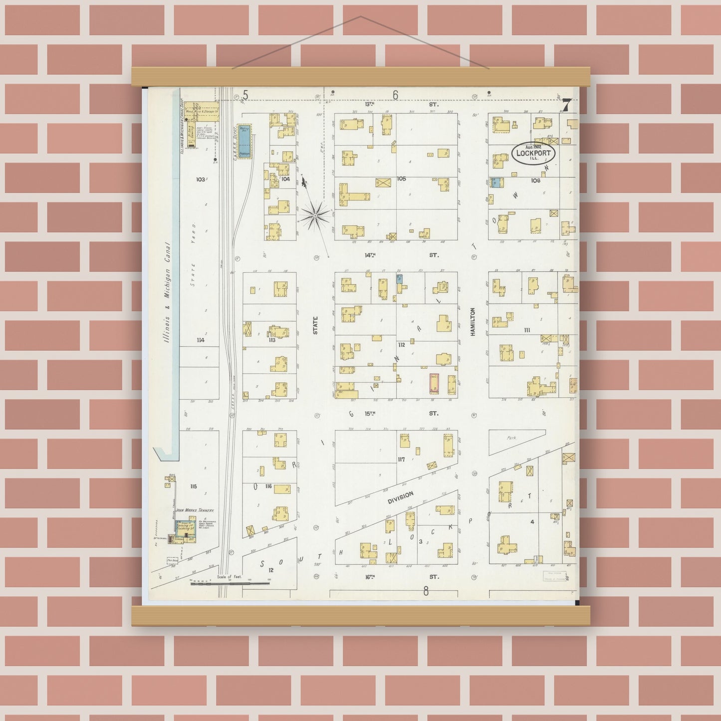 Old map wall art mockup — magnetic wood frame on brick wall — Sanborn Fire Insurance Map from Lockport, Will County, Illinois (1902), Sheet #0007