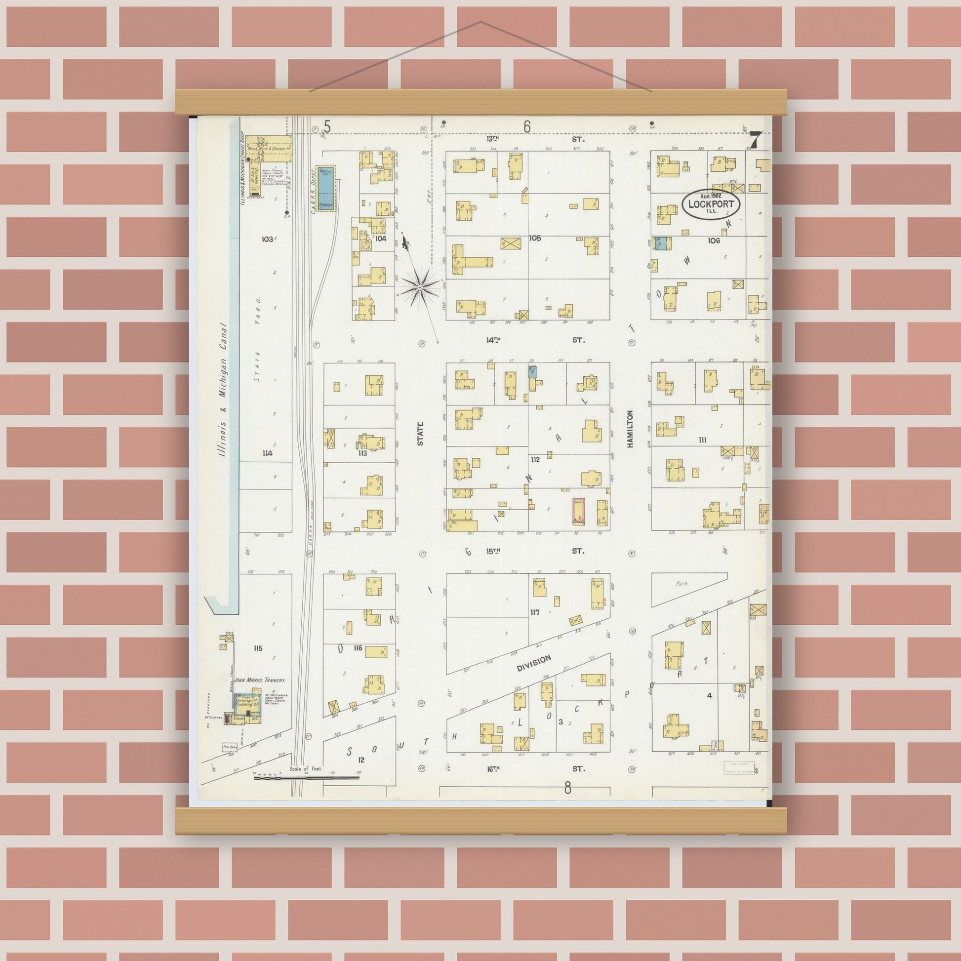 Old map wall art mockup — magnetic wood frame on brick wall — Sanborn Fire Insurance Map from Lockport, Will County, Illinois (1902), Sheet #0007