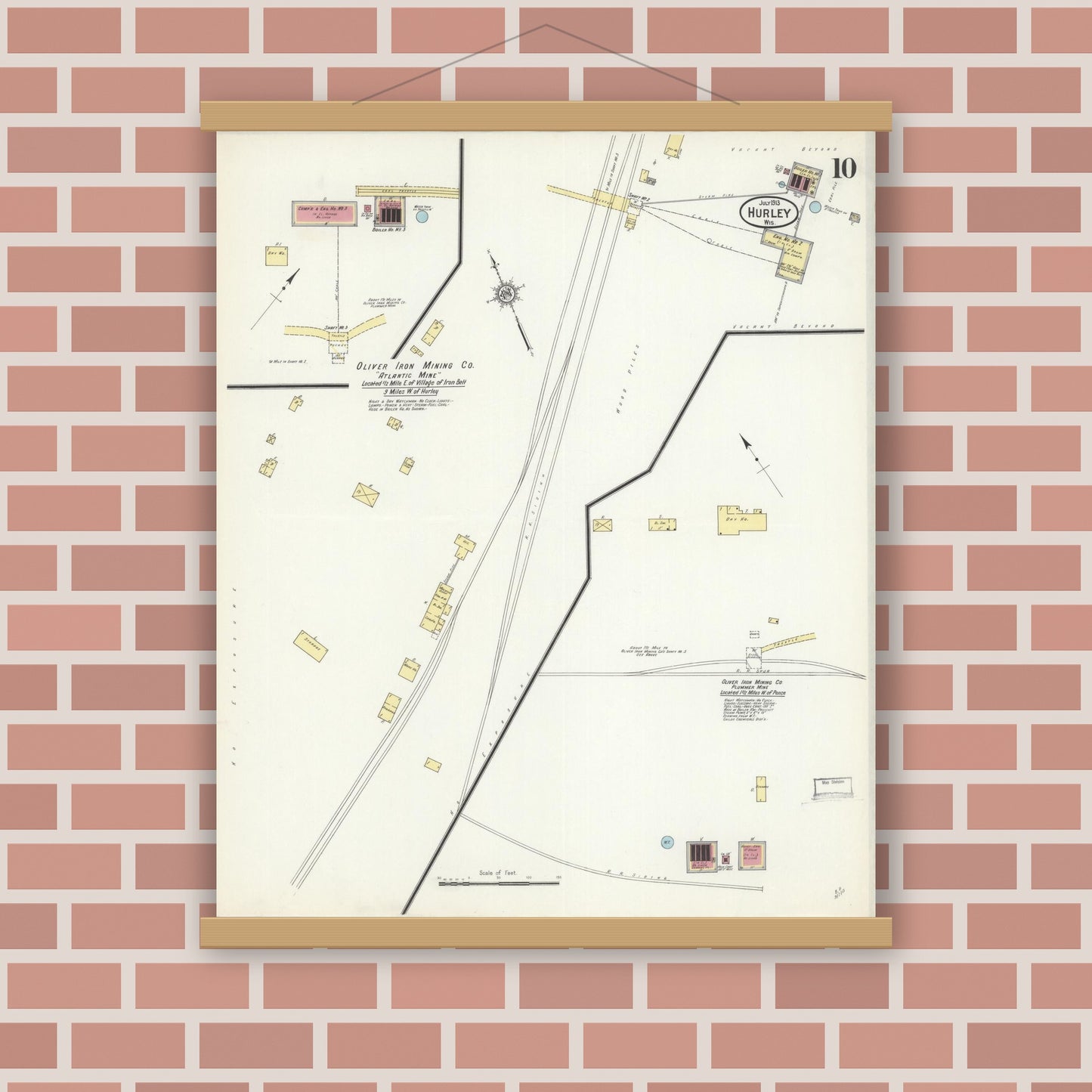 Old map wall art mockup — magnetic wood frame on brick wall — Sanborn Fire Insurance Map from Hurley, Iron County, Wisconsin (1913), Sheet #0010