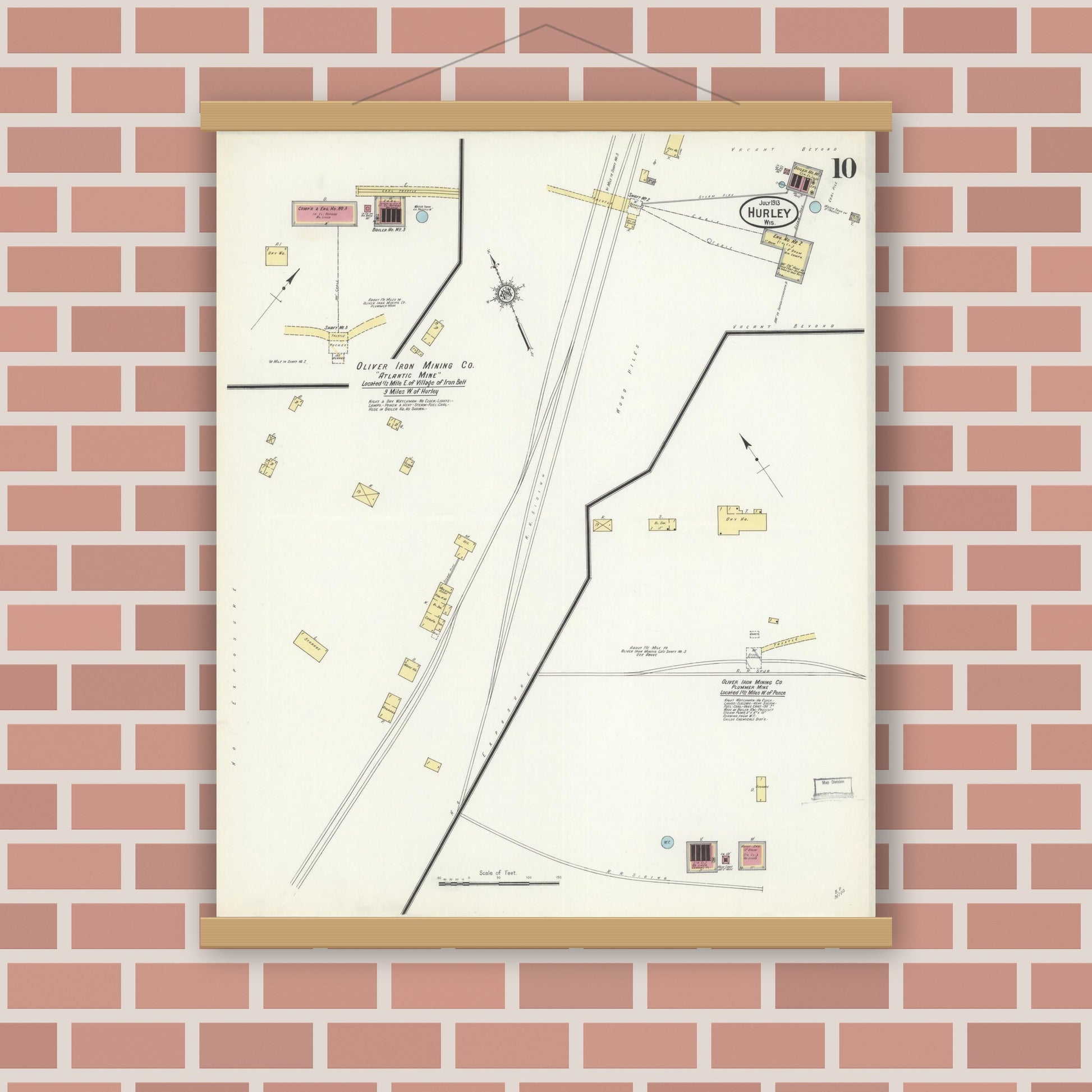 Old map wall art mockup — magnetic wood frame on brick wall — Sanborn Fire Insurance Map from Hurley, Iron County, Wisconsin (1913), Sheet #0010