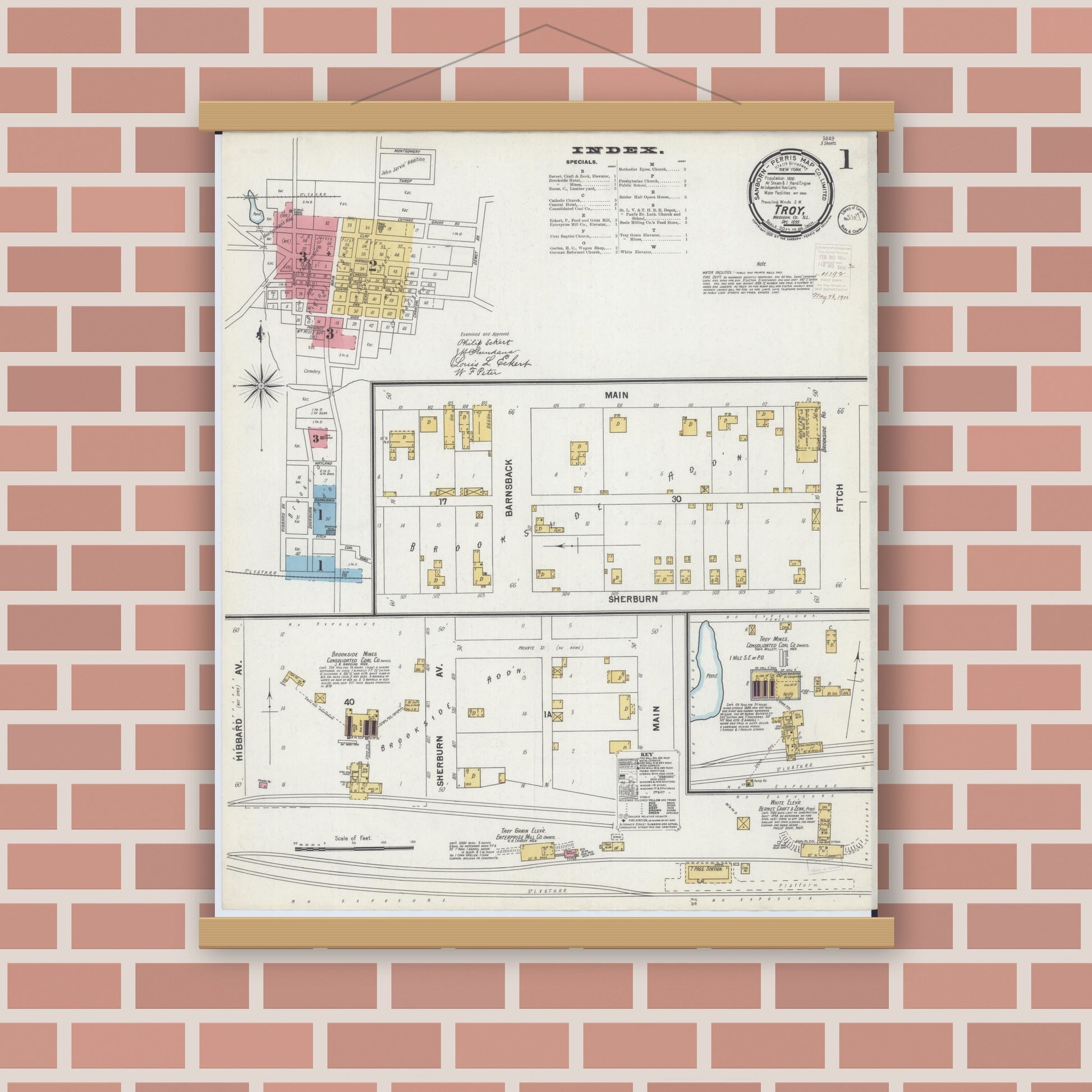 Old map wall art mockup — magnetic wood frame on brick wall — Sanborn Fire Insurance Map from Troy, Madison County, Illinois (1899) - Complete Map Set