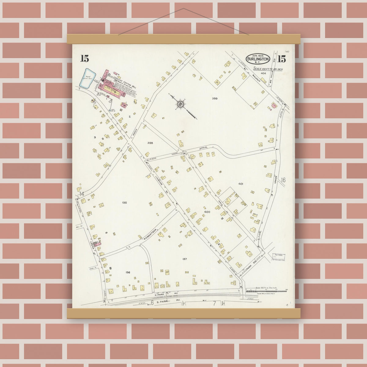 Old map wall art mockup — magnetic wood frame on brick wall — Sanborn Fire Insurance Map from Burlington, Alamance County, North Carolina (1924), Sheet #0015