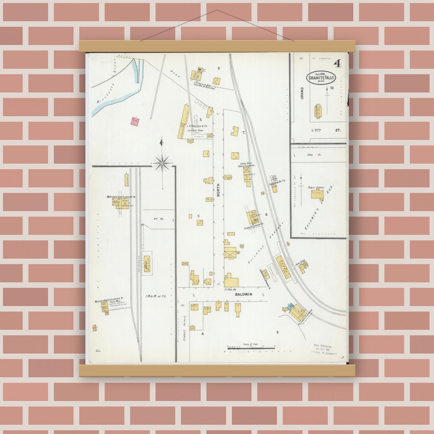 Old map wall art mockup — magnetic wood frame on brick wall — Sanborn Fire Insurance Map from Granite Falls, Yellow Medicine And Chippewa Counties, Minnesota (1899), Sheet #0004