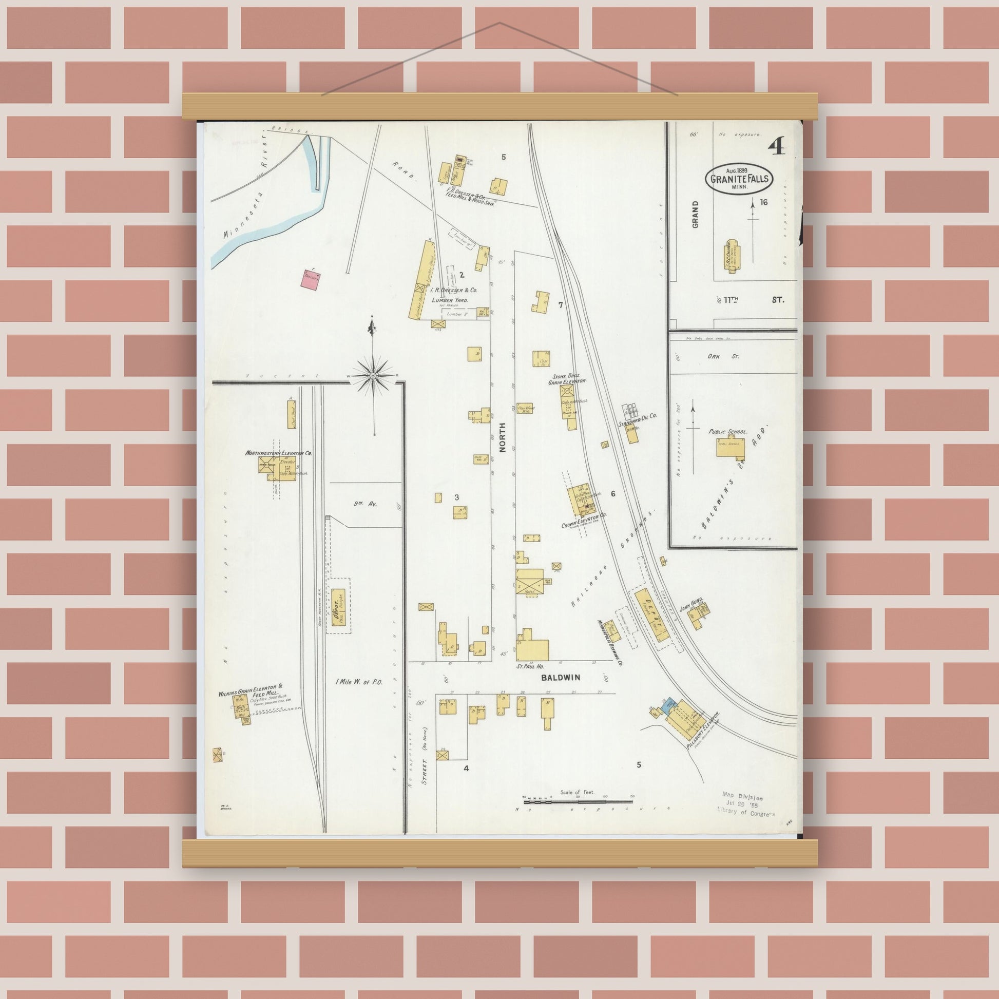 Old map wall art mockup — magnetic wood frame on brick wall — Sanborn Fire Insurance Map from Granite Falls, Yellow Medicine And Chippewa Counties, Minnesota (1899), Sheet #0004