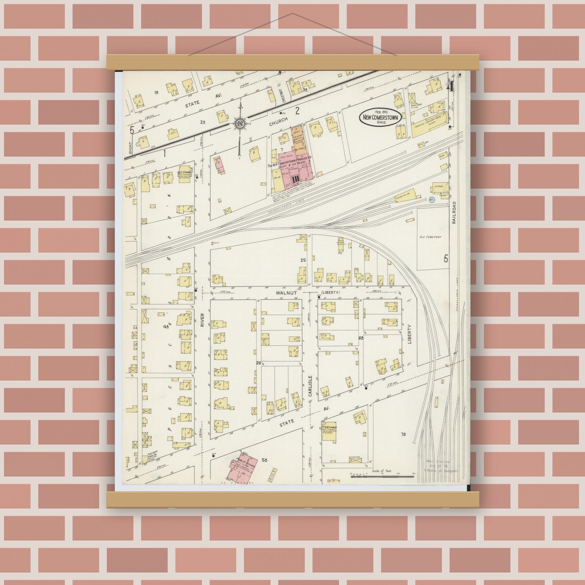 Old map wall art mockup — magnetic wood frame on brick wall — Sanborn Fire Insurance Map from Newcomerstown, Tuscarawas County, Ohio (1915), Sheet #0004