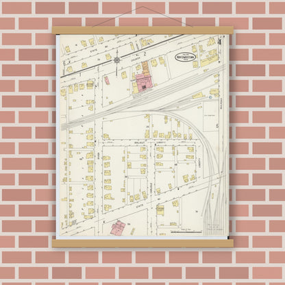 Old map wall art mockup — magnetic wood frame on brick wall — Sanborn Fire Insurance Map from Newcomerstown, Tuscarawas County, Ohio (1915), Sheet #0004