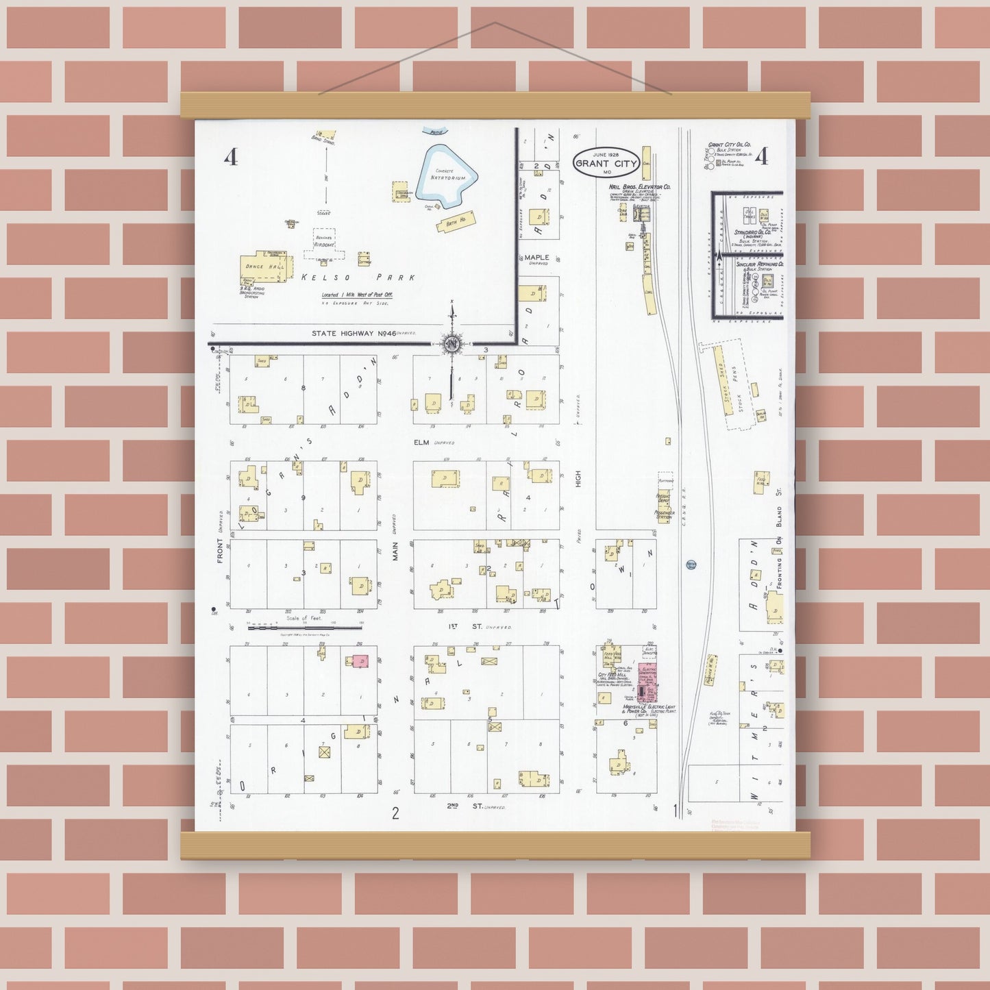 Old map wall art mockup — magnetic wood frame on brick wall — Sanborn Fire Insurance Map from Grant City, Worth County, Missouri (1928), Sheet #0004