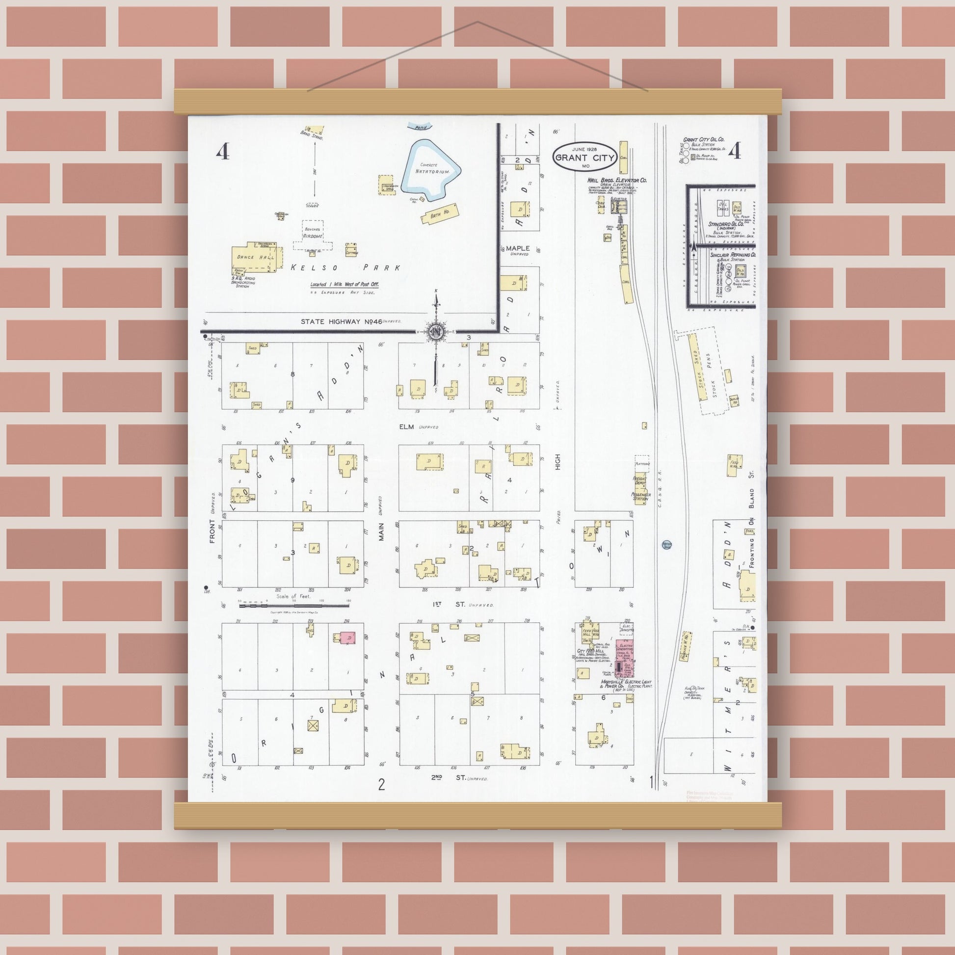 Old map wall art mockup — magnetic wood frame on brick wall — Sanborn Fire Insurance Map from Grant City, Worth County, Missouri (1928), Sheet #0004