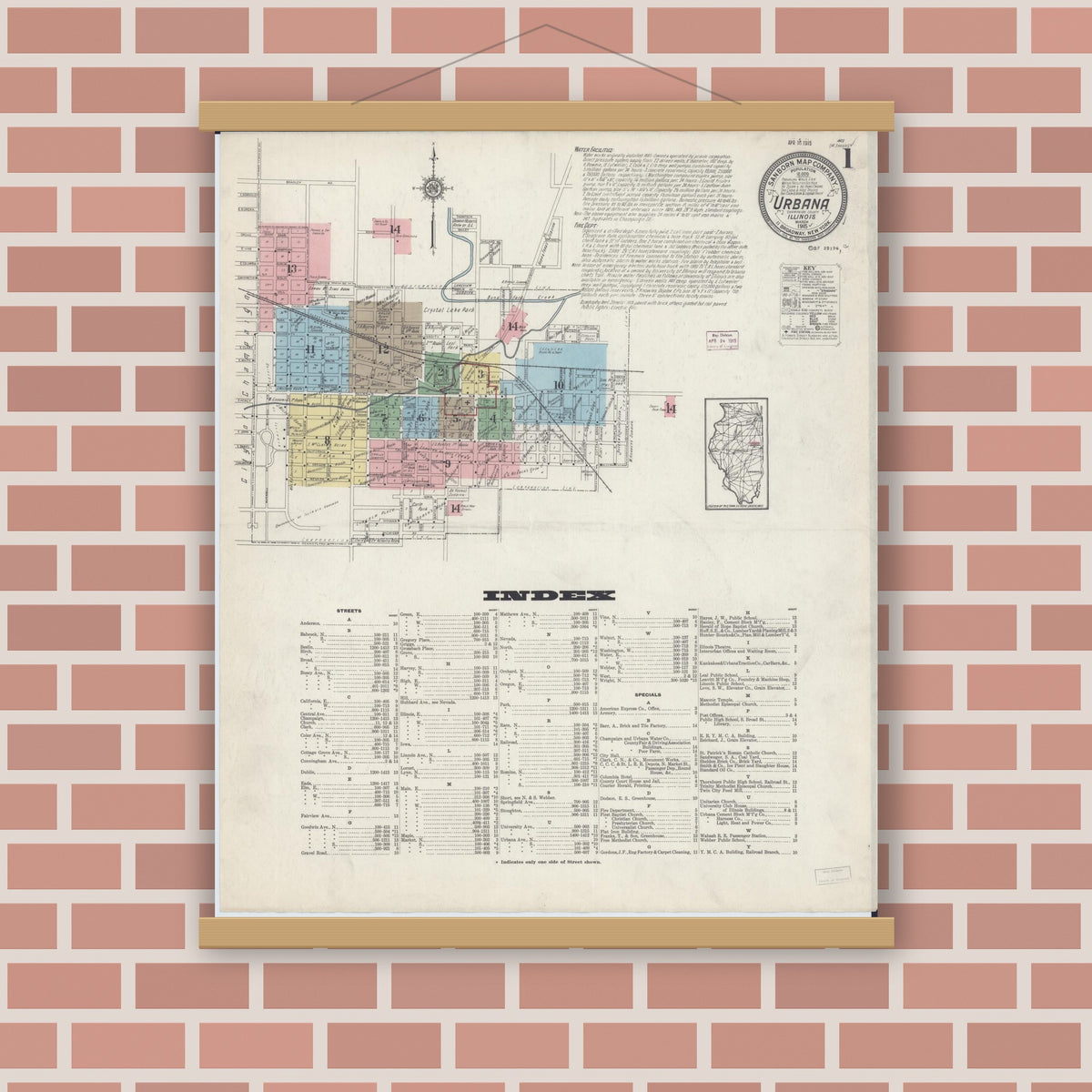 Old map wall art mockup — magnetic wood frame on brick wall — Sanborn Fire Insurance Map from Urbana, Champaign County, Illinois (1915) - Complete Map Set
