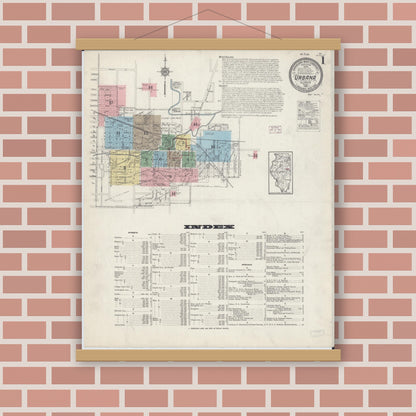 Old map wall art mockup — magnetic wood frame on brick wall — Sanborn Fire Insurance Map from Urbana, Champaign County, Illinois (1915) - Complete Map Set