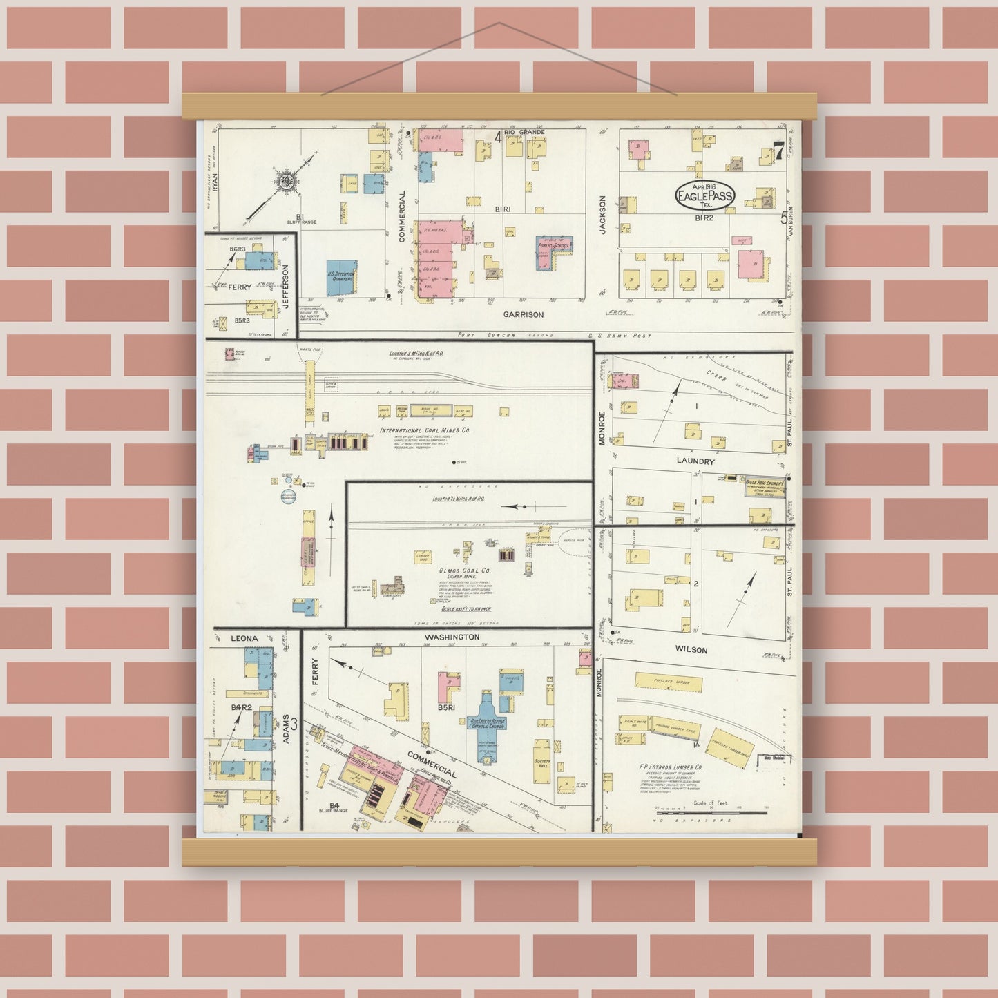 Old map wall art mockup — magnetic wood frame on brick wall — Sanborn Fire Insurance Map from Eagle Pass, Maverick County, Texas (1916), Sheet #0007