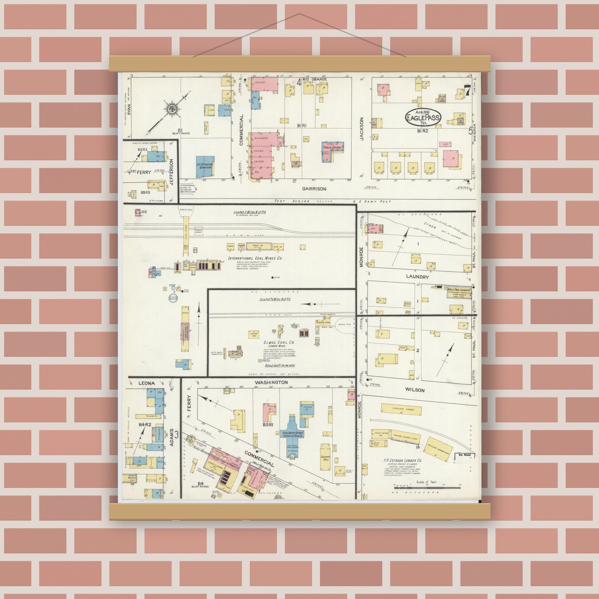 Old map wall art mockup — magnetic wood frame on brick wall — Sanborn Fire Insurance Map from Eagle Pass, Maverick County, Texas (1916), Sheet #0007