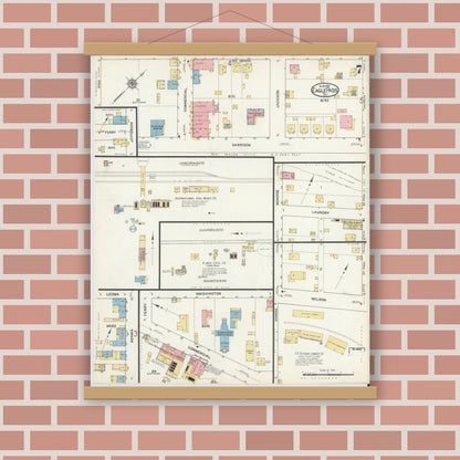 Old map wall art mockup — magnetic wood frame on brick wall — Sanborn Fire Insurance Map from Eagle Pass, Maverick County, Texas (1916), Sheet #0007