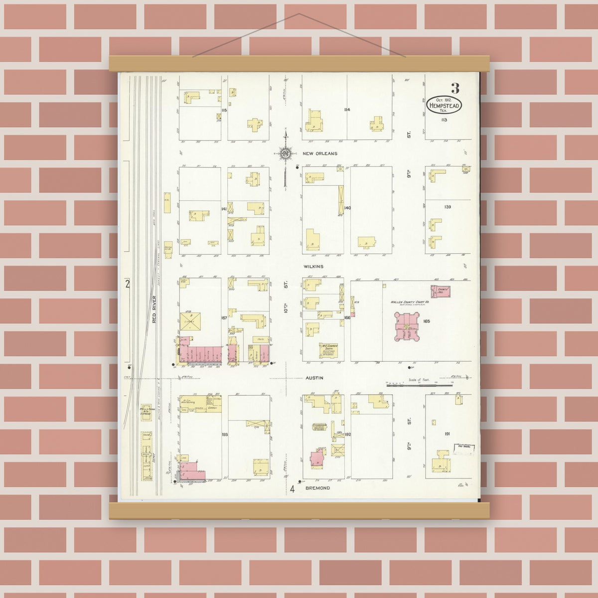 Old map wall art mockup — magnetic wood frame on brick wall — Sanborn Fire Insurance Map from Hempstead, Waller County, Texas (1912), Sheet #0003