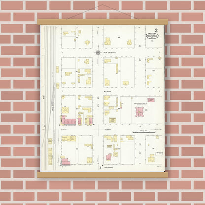Old map wall art mockup — magnetic wood frame on brick wall — Sanborn Fire Insurance Map from Hempstead, Waller County, Texas (1912), Sheet #0003