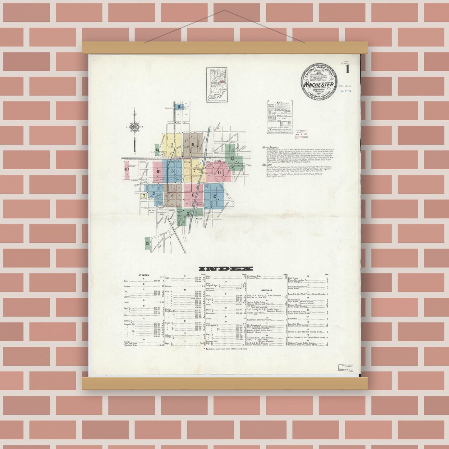 Old map wall art mockup — magnetic wood frame on brick wall — Sanborn Fire Insurance Map from Winchester, Randolph County, Indiana (1914) - Complete Map Set