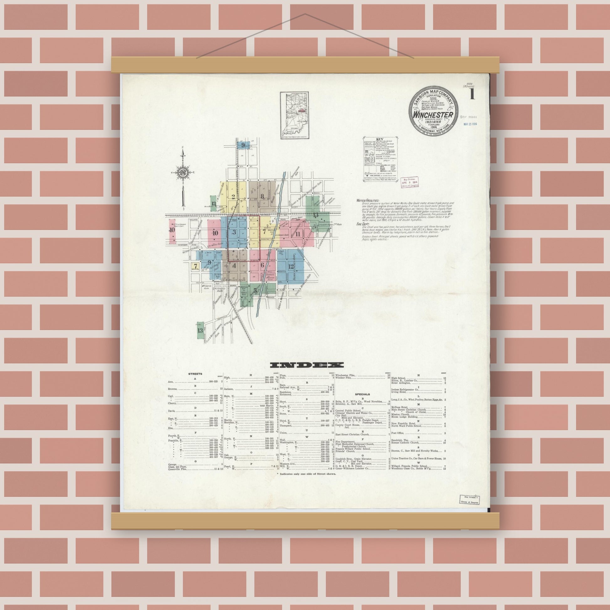 Old map wall art mockup — magnetic wood frame on brick wall — Sanborn Fire Insurance Map from Winchester, Randolph County, Indiana (1914) - Complete Map Set