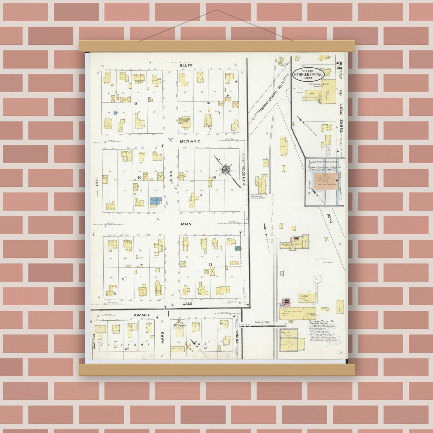 Old map wall art mockup — magnetic wood frame on brick wall — Sanborn Fire Insurance Map from Berrien Springs, Berrien County, Michigan (1909), Sheet #0002