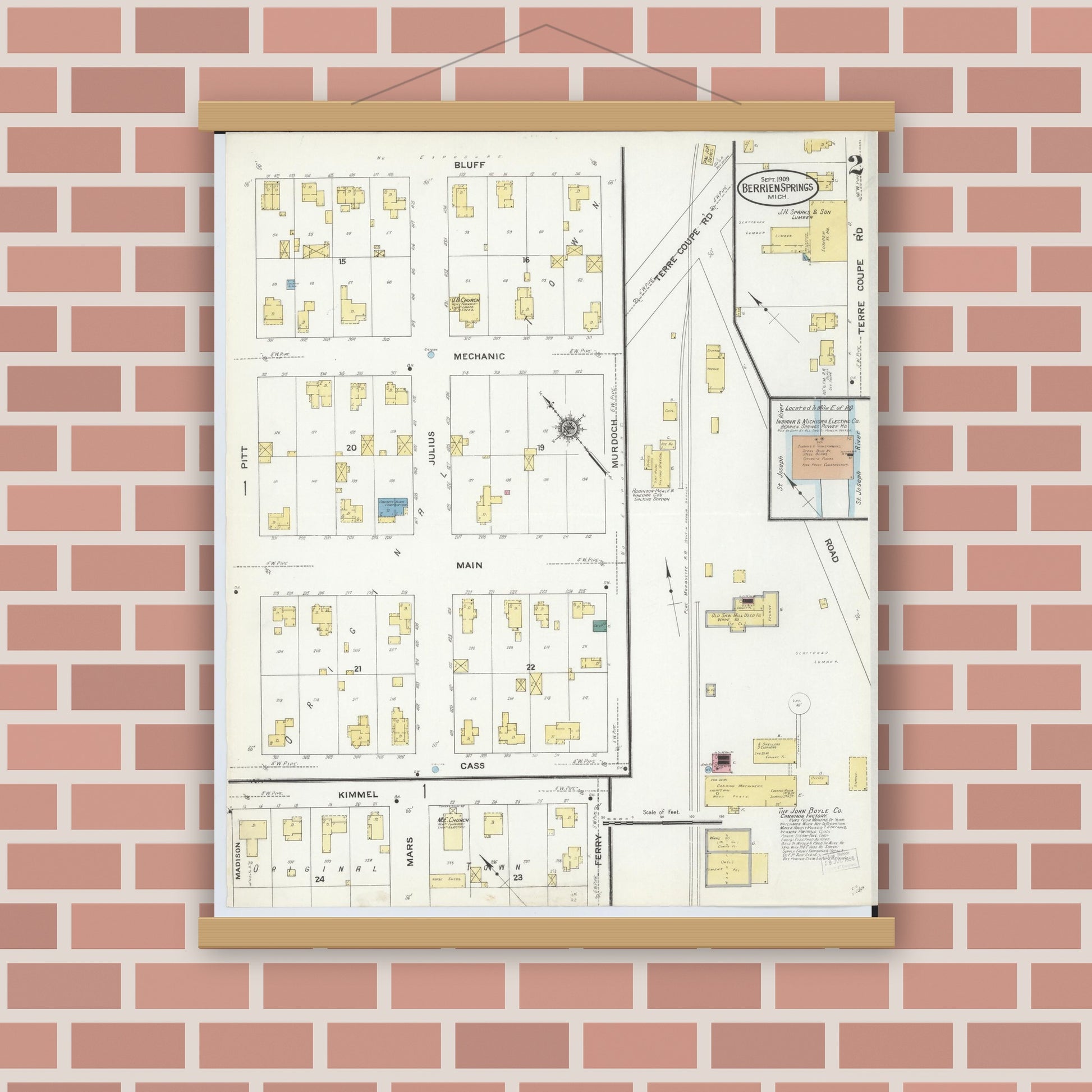 Old map wall art mockup — magnetic wood frame on brick wall — Sanborn Fire Insurance Map from Berrien Springs, Berrien County, Michigan (1909), Sheet #0002
