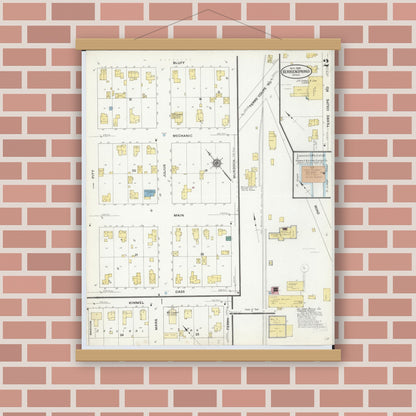 Old map wall art mockup — magnetic wood frame on brick wall — Sanborn Fire Insurance Map from Berrien Springs, Berrien County, Michigan (1909), Sheet #0002