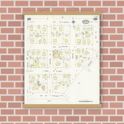 Old map wall art mockup — magnetic wood frame on brick wall — Sanborn Fire Insurance Map from Bryan, Brazos County, Texas (1925), Sheet #0020