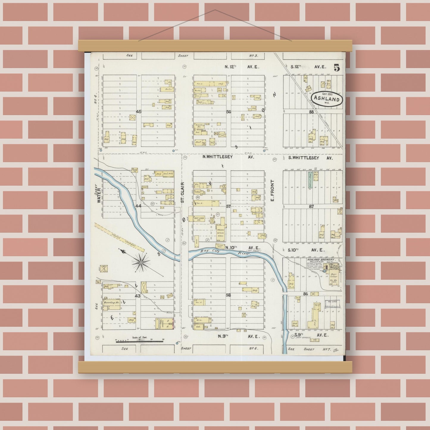 Old map wall art mockup — magnetic wood frame on brick wall — Sanborn Fire Insurance Map from Ashland, Ashland County, Wisconsin (1890), Sheet #0005