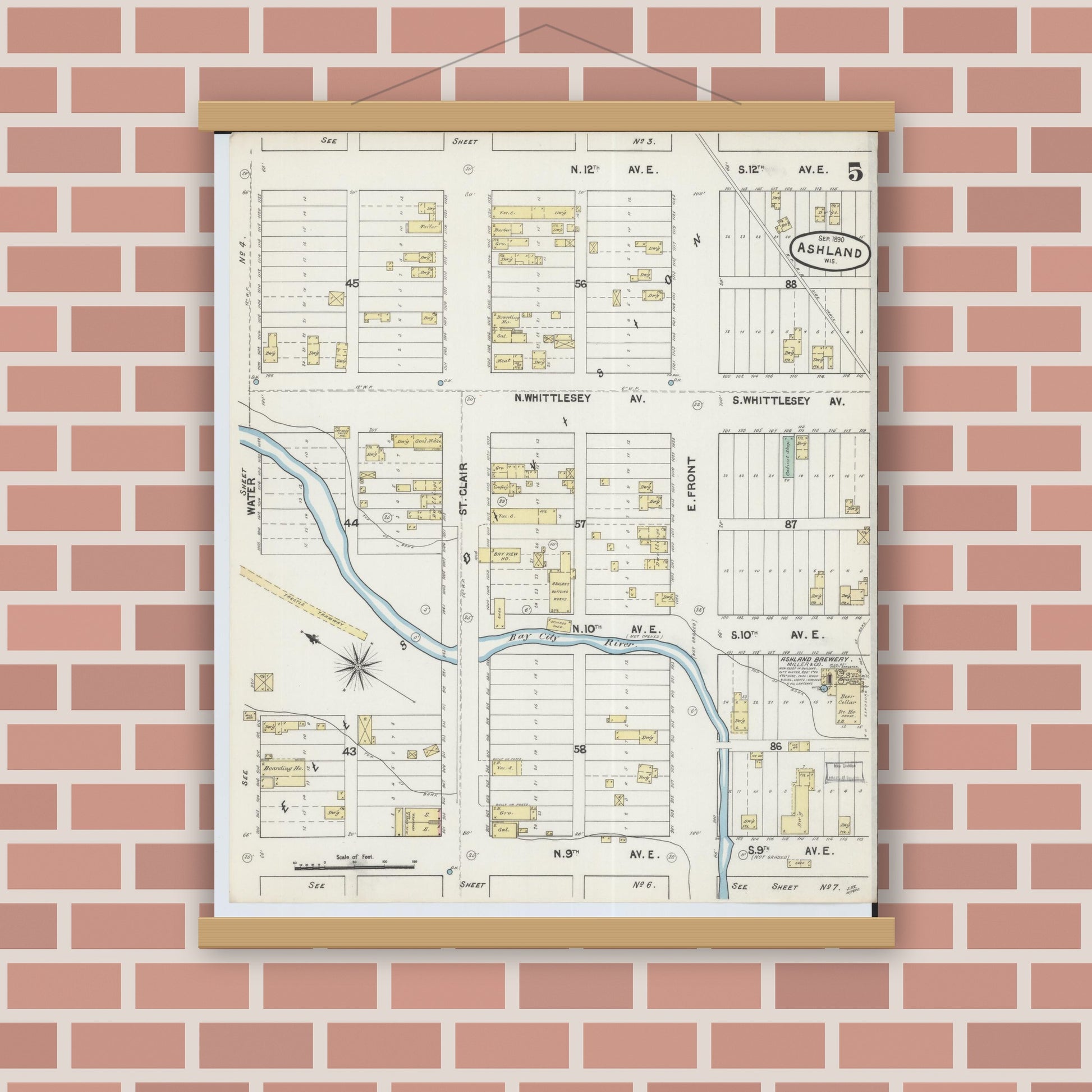 Old map wall art mockup — magnetic wood frame on brick wall — Sanborn Fire Insurance Map from Ashland, Ashland County, Wisconsin (1890), Sheet #0005