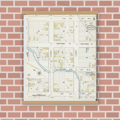 Old map wall art mockup — magnetic wood frame on brick wall — Sanborn Fire Insurance Map from Ashland, Ashland County, Wisconsin (1890), Sheet #0005